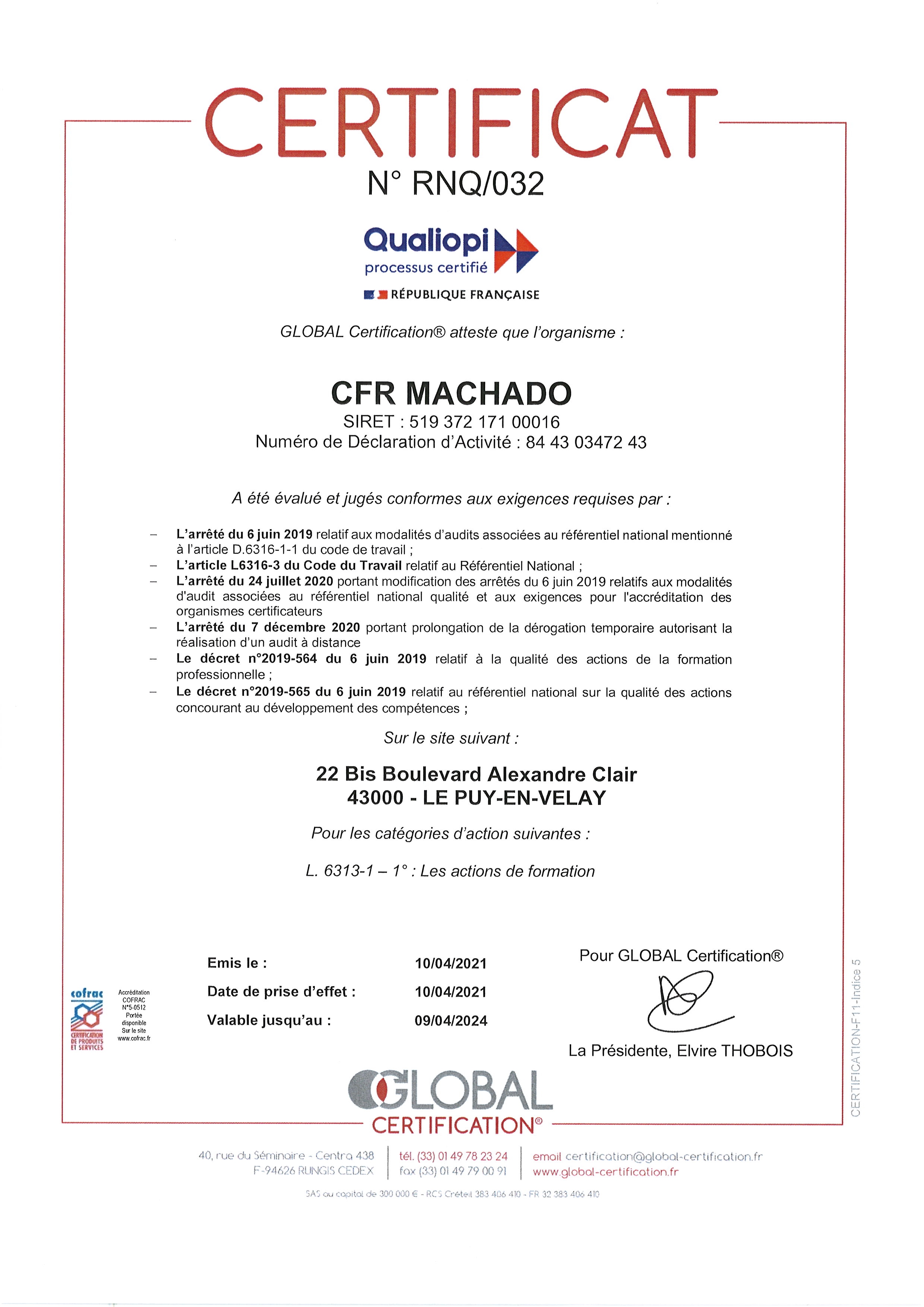 Certificat QUALIOPI | CFR Machado